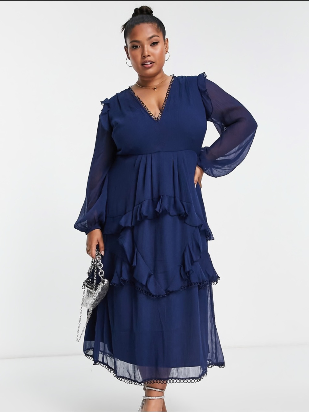 ASOS Design Curve Ruffled Tiered Navy Vneck A-Line Midi Dress Size 14